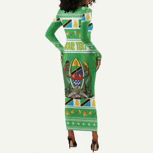 Personalized Afro Tanzania Christmas Long Sleeve Bodycon Dress Heri ya Krismasi With Coat Of Arms