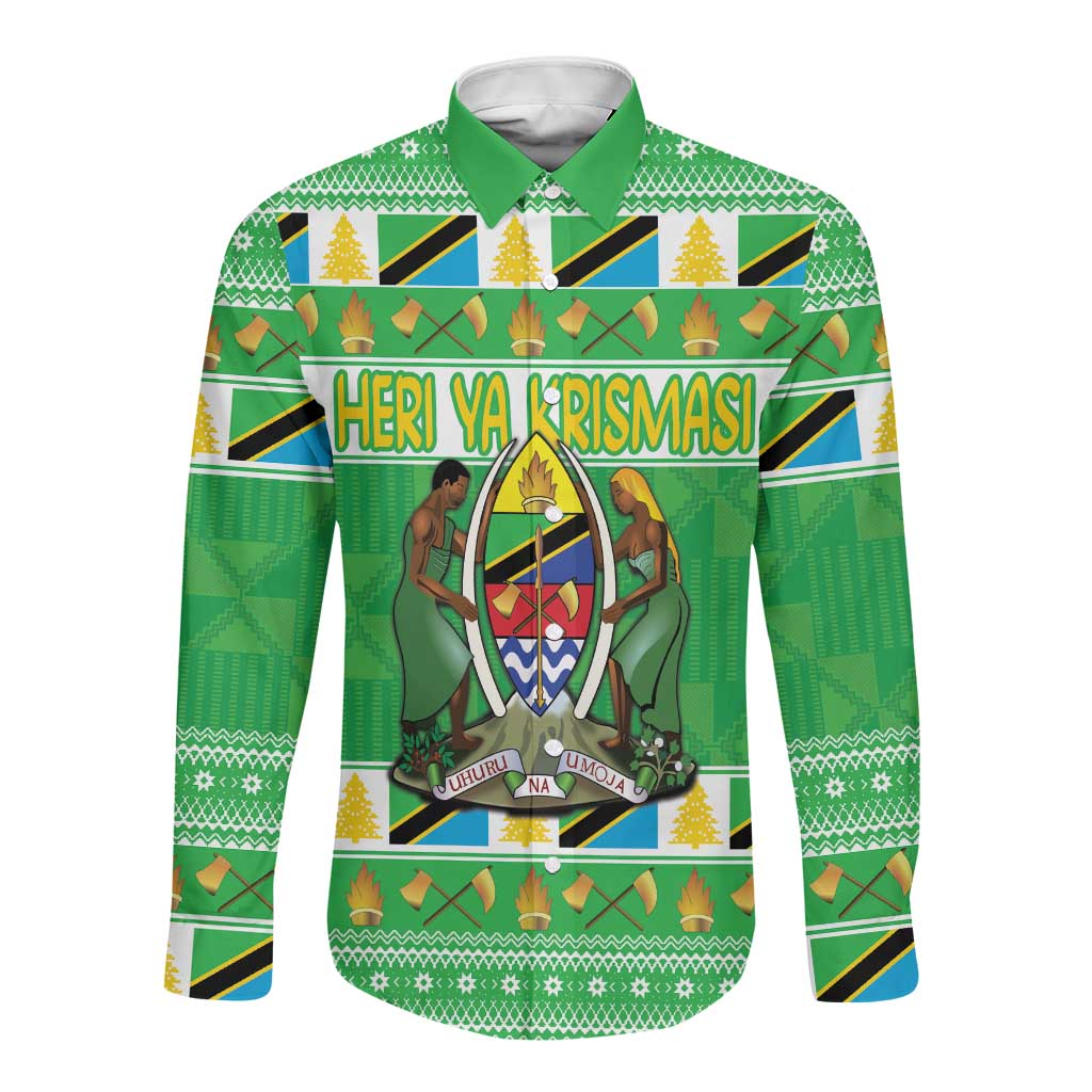 Personalized Afro Tanzania Christmas Long Sleeve Button Shirt Heri ya Krismasi With Coat Of Arms