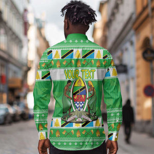 Personalized Afro Tanzania Christmas Long Sleeve Button Shirt Heri ya Krismasi With Coat Of Arms