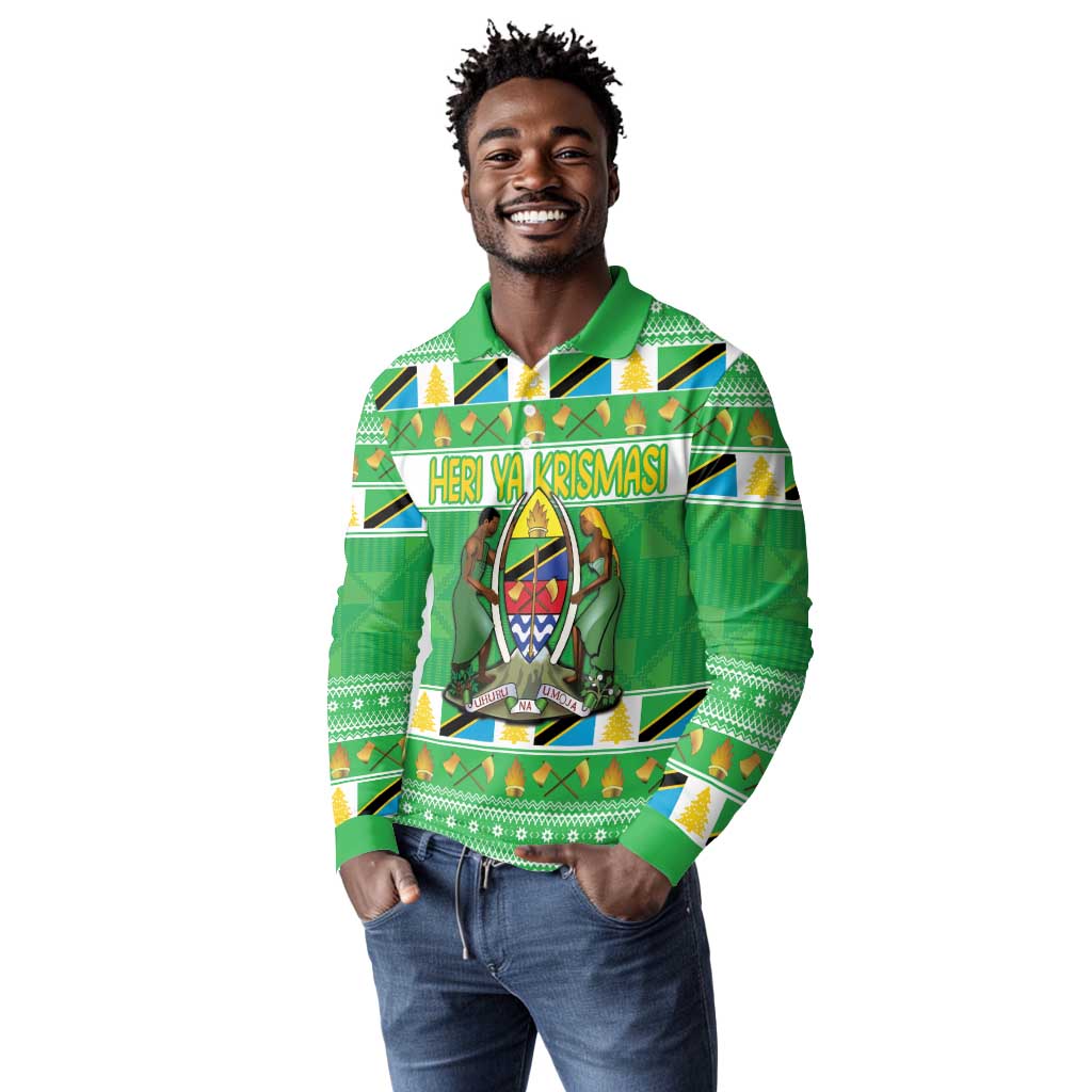 Personalized Afro Tanzania Christmas Long Sleeve Polo Shirt Heri ya Krismasi With Coat Of Arms