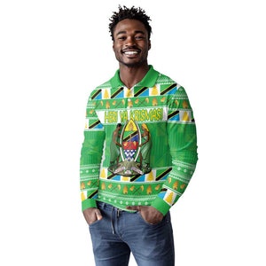 Personalized Afro Tanzania Christmas Long Sleeve Polo Shirt Heri ya Krismasi With Coat Of Arms