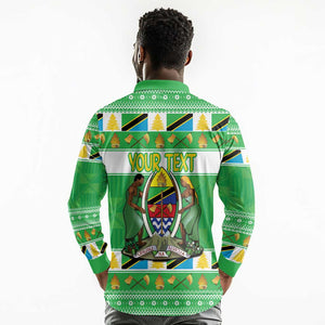 Personalized Afro Tanzania Christmas Long Sleeve Polo Shirt Heri ya Krismasi With Coat Of Arms