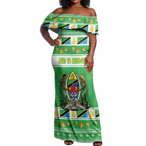 Personalized Afro Tanzania Christmas Off Shoulder Maxi Dress Heri ya Krismasi With Coat Of Arms