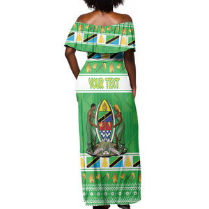 Personalized Afro Tanzania Christmas Off Shoulder Maxi Dress Heri ya Krismasi With Coat Of Arms