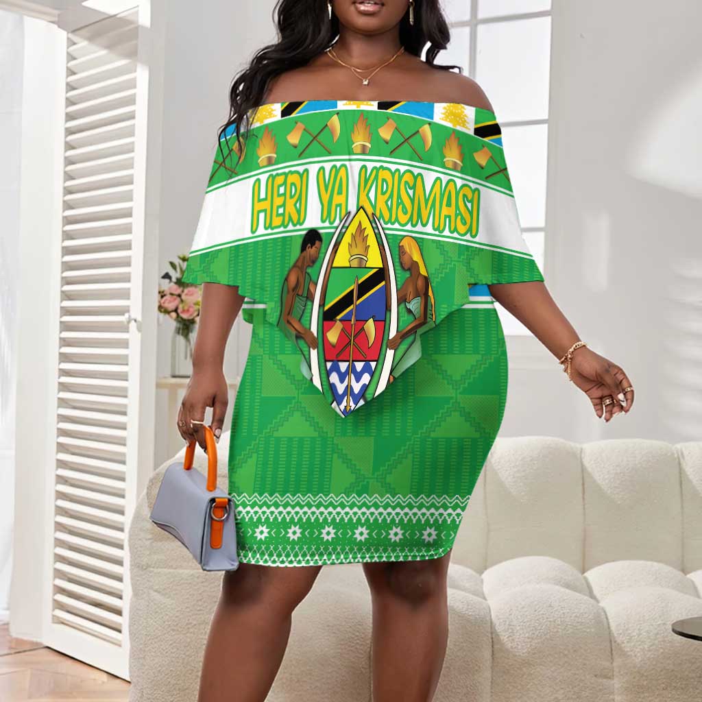 Personalized Afro Tanzania Christmas Off Shoulder Short Dress Heri ya Krismasi With Coat Of Arms