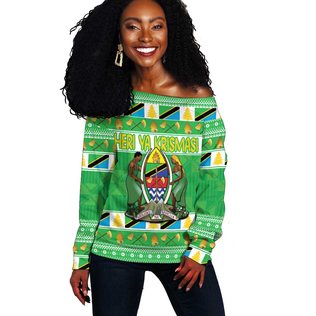 Personalized Afro Tanzania Christmas Off Shoulder Sweater Heri ya Krismasi With Coat Of Arms