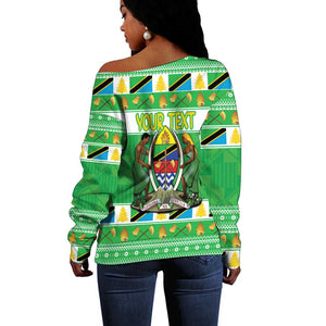 Personalized Afro Tanzania Christmas Off Shoulder Sweater Heri ya Krismasi With Coat Of Arms