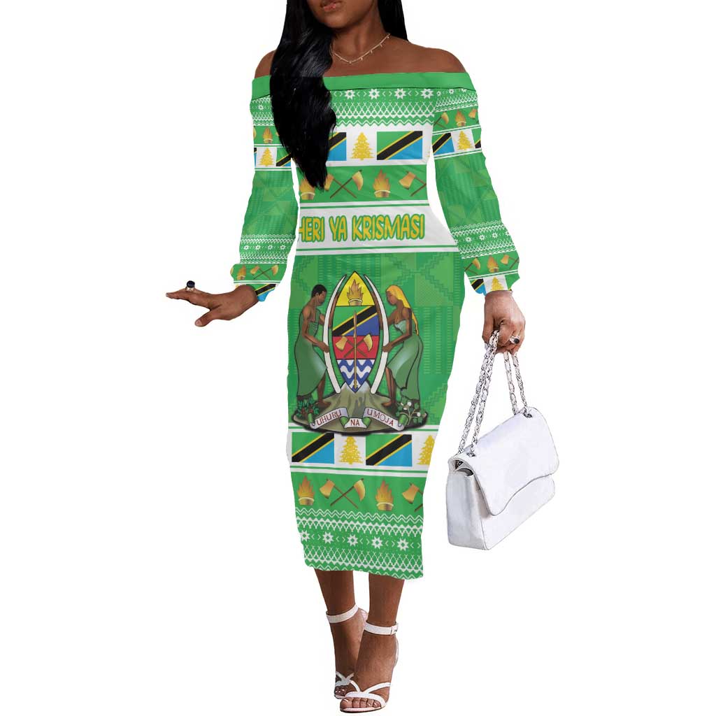 Personalized Afro Tanzania Christmas Off The Shoulder Long Sleeve Dress Heri ya Krismasi With Coat Of Arms