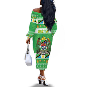 Personalized Afro Tanzania Christmas Off The Shoulder Long Sleeve Dress Heri ya Krismasi With Coat Of Arms