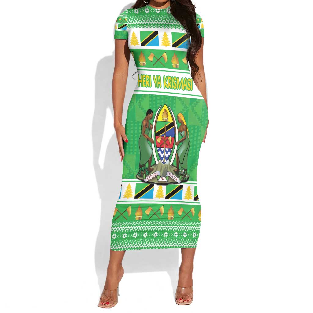 Personalized Afro Tanzania Christmas Short Sleeve Bodycon Dress Heri ya Krismasi With Coat Of Arms