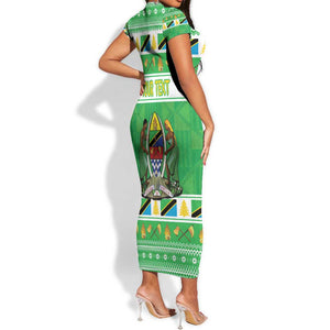 Personalized Afro Tanzania Christmas Short Sleeve Bodycon Dress Heri ya Krismasi With Coat Of Arms