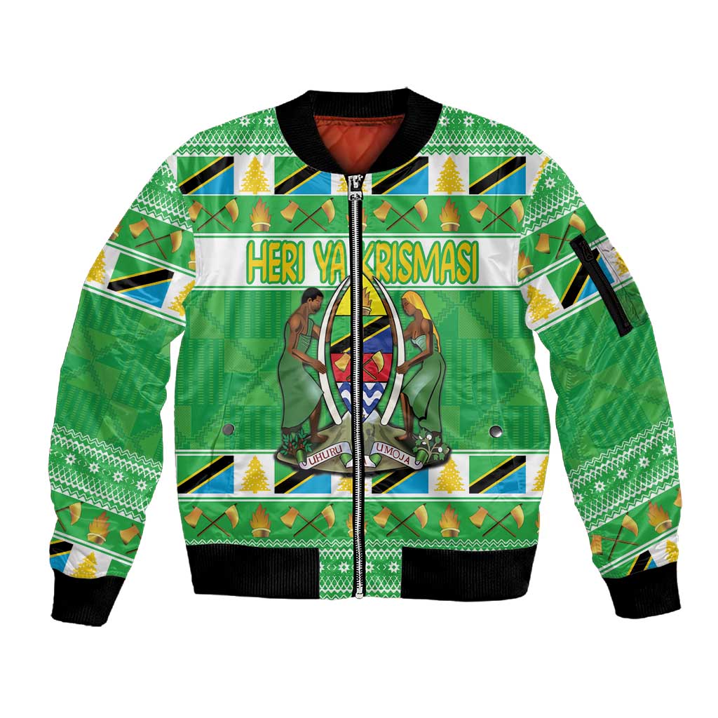 Personalized Afro Tanzania Christmas Sleeve Zip Bomber Jacket Heri ya Krismasi With Coat Of Arms