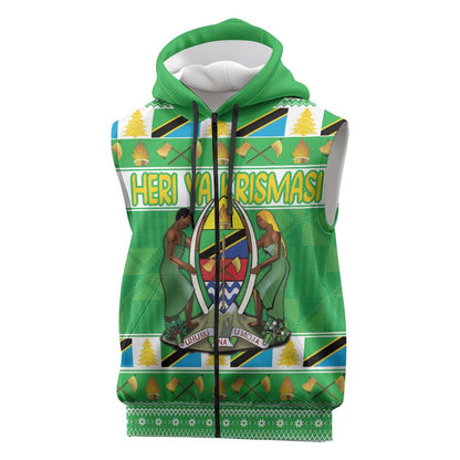 Personalized Afro Tanzania Christmas Sleeveless Zip Hoodie Heri ya Krismasi With Coat Of Arms - African Pride