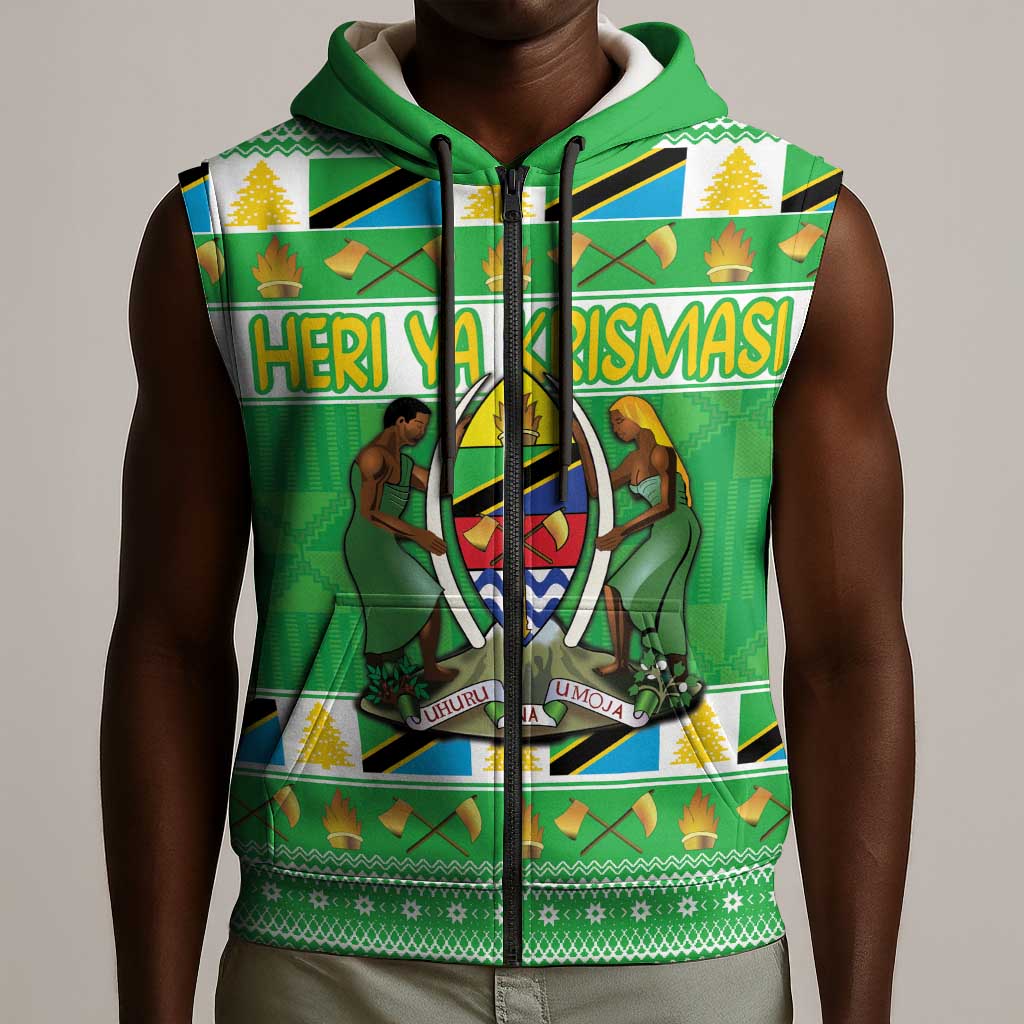 Personalized Afro Tanzania Christmas Sleeveless Zip Hoodie Heri ya Krismasi With Coat Of Arms - African Pride