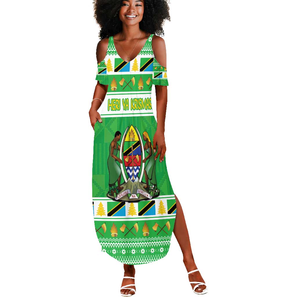 Personalized Afro Tanzania Christmas Summer Maxi Dress Heri ya Krismasi With Coat Of Arms