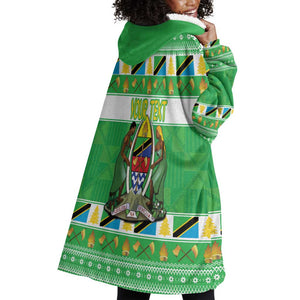 Personalized Afro Tanzania Christmas Wearable Blanket Hoodie Heri ya Krismasi With Coat Of Arms