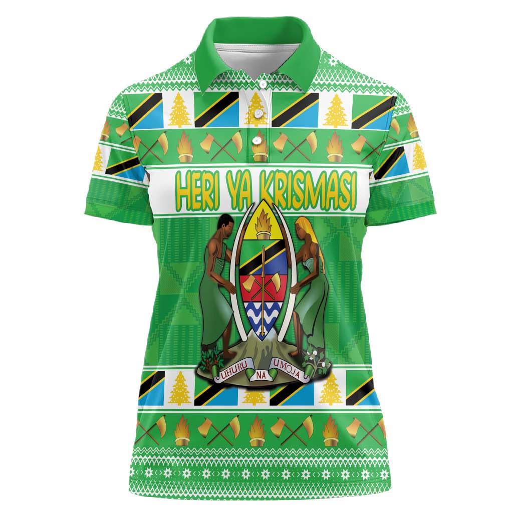 Personalized Afro Tanzania Christmas Women Polo Shirt Heri ya Krismasi With Coat Of Arms