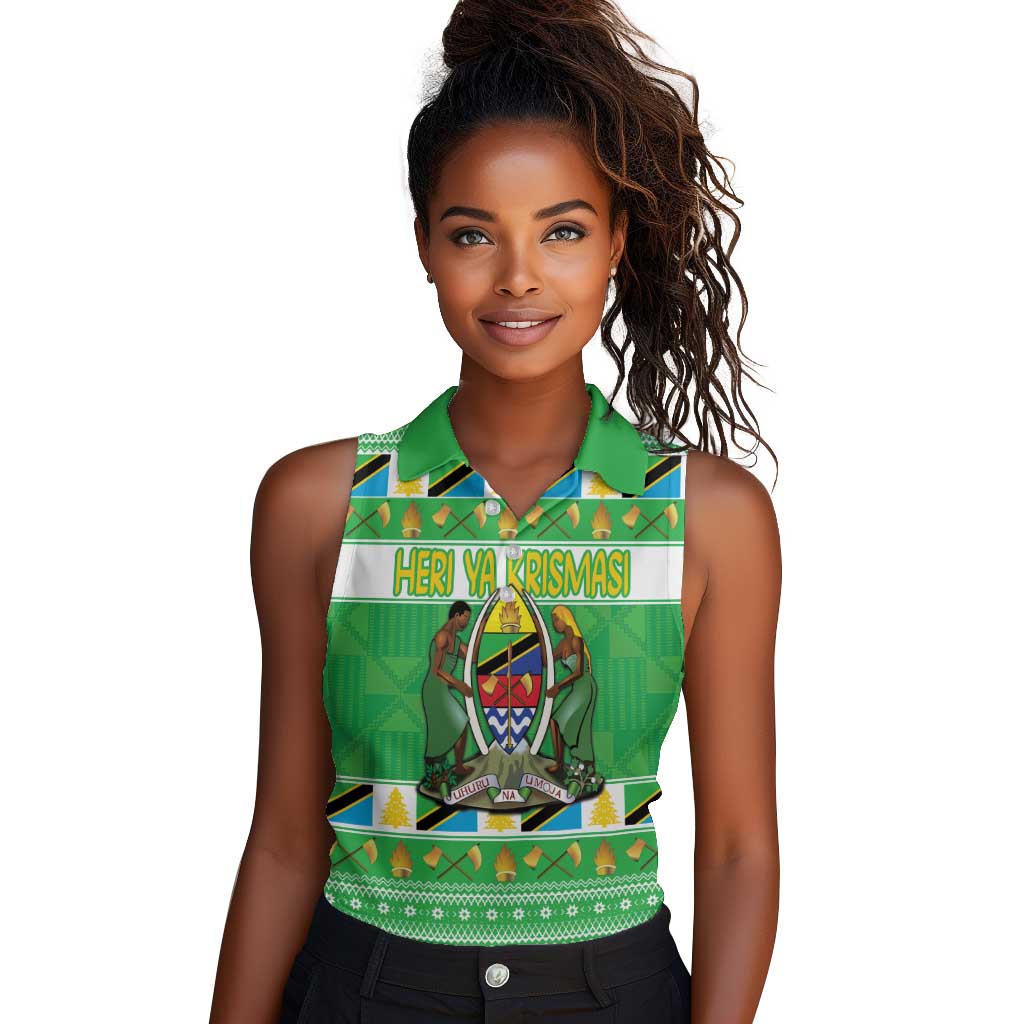 Personalized Afro Tanzania Christmas Women Sleeveless Polo Shirt Heri ya Krismasi With Coat Of Arms