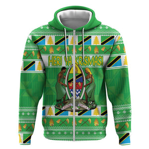 Personalized Afro Tanzania Christmas Zip Hoodie Heri ya Krismasi With Coat Of Arms