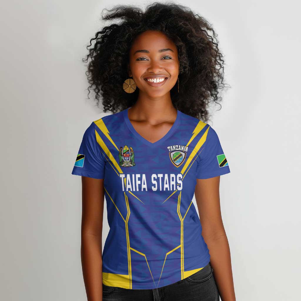 Custom Afro Tanzania Football Women V-Neck T-Shirt Taifa Stars Go Champion