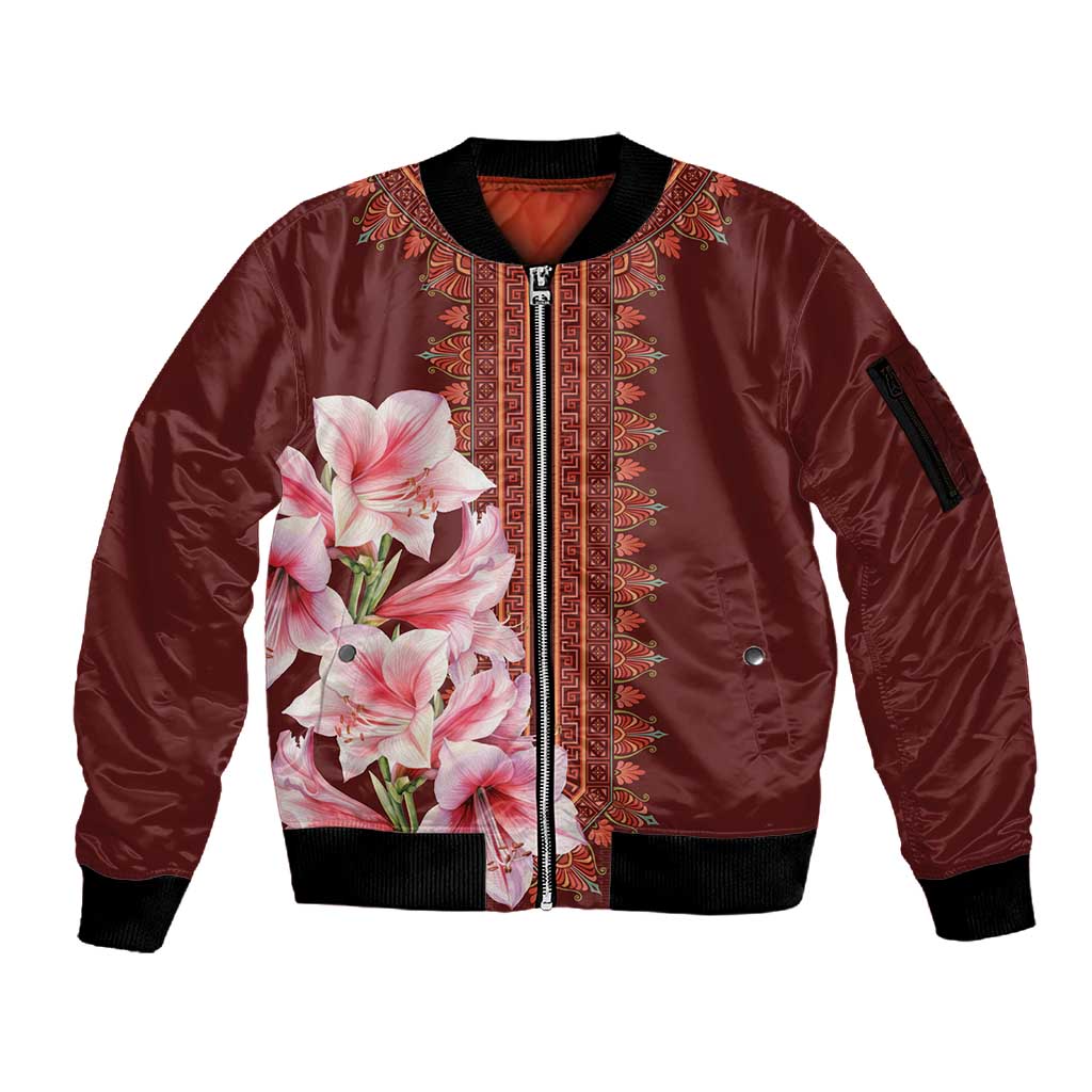 Africa Dashiki Sleeve Zip Bomber Jacket With Belladonna Lily