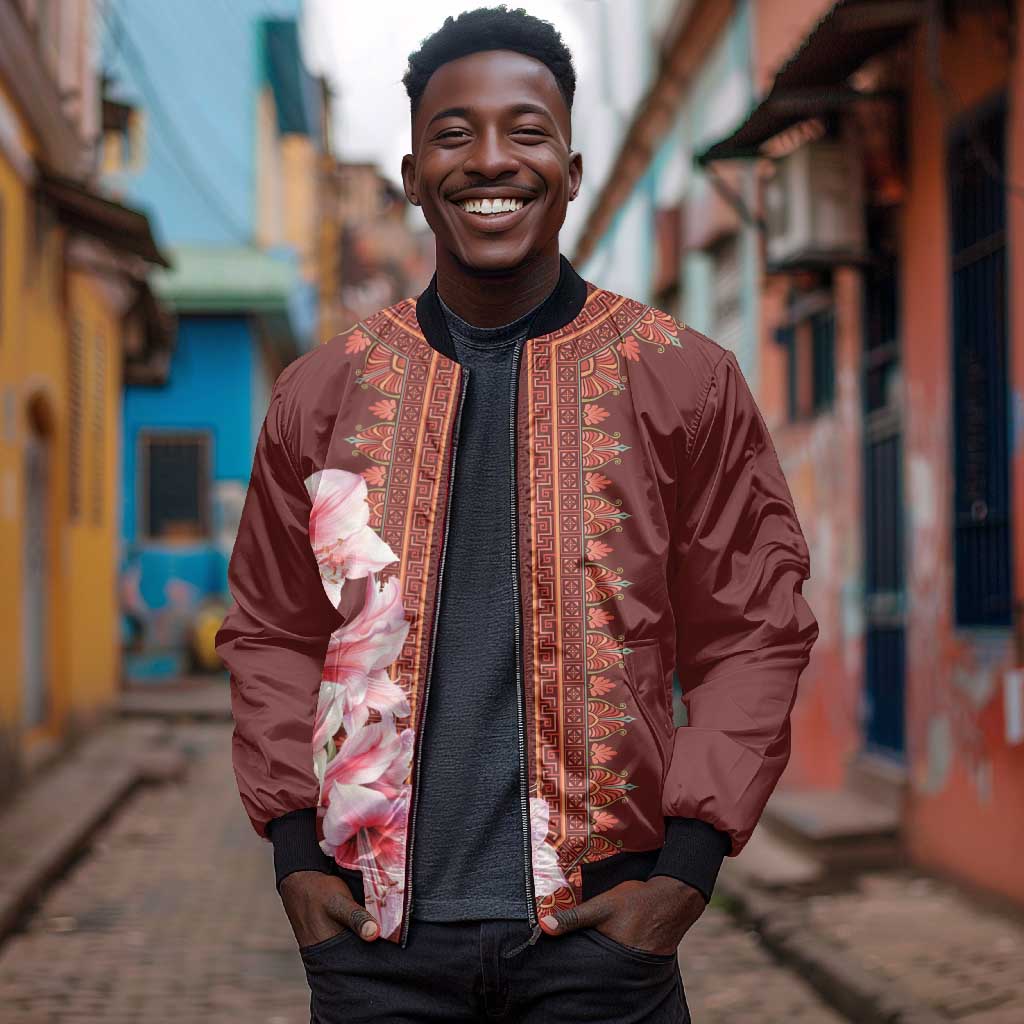 Africa Dashiki Sleeve Zip Bomber Jacket With Belladonna Lily