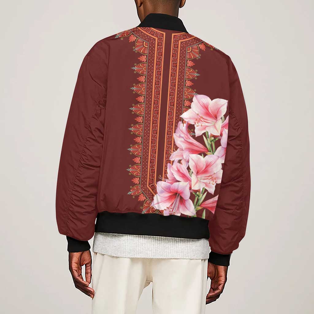 Africa Dashiki Sleeve Zip Bomber Jacket With Belladonna Lily