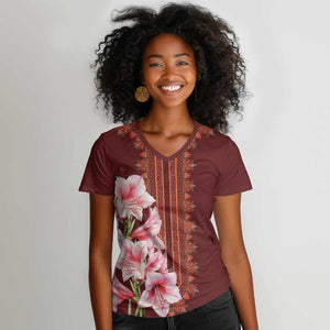 Africa Dashiki Women V-Neck T-Shirt With Belladonna Lily