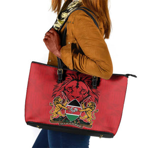 Kenya Leather Tote Bag Coat Of Arms With Kente Patterns