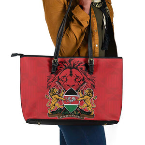 Kenya Leather Tote Bag Coat Of Arms With Kente Patterns