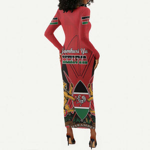 Kenya Long Sleeve Bodycon Dress Coat Of Arms With Kente Patterns