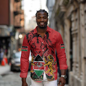 Kenya Long Sleeve Button Shirt Coat Of Arms With Kente Patterns