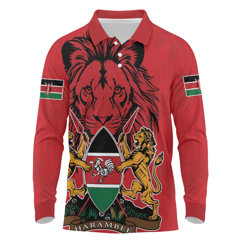 Kenya Long Sleeve Polo Shirt Coat Of Arms With Kente Patterns