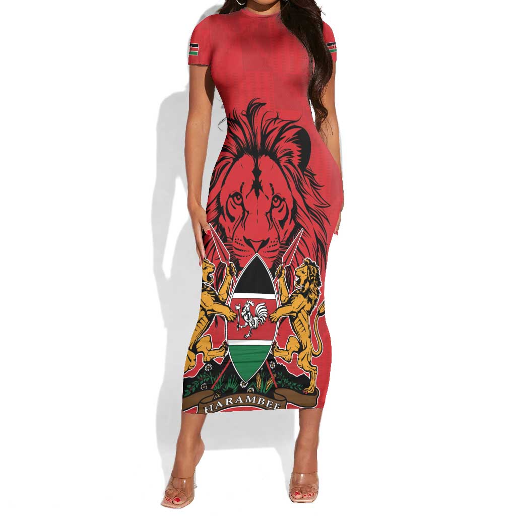 Kenya Short Sleeve Bodycon Dress Coat Of Arms With Kente Patterns