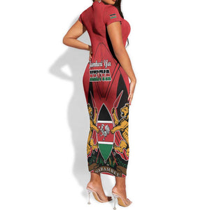 Kenya Short Sleeve Bodycon Dress Coat Of Arms With Kente Patterns