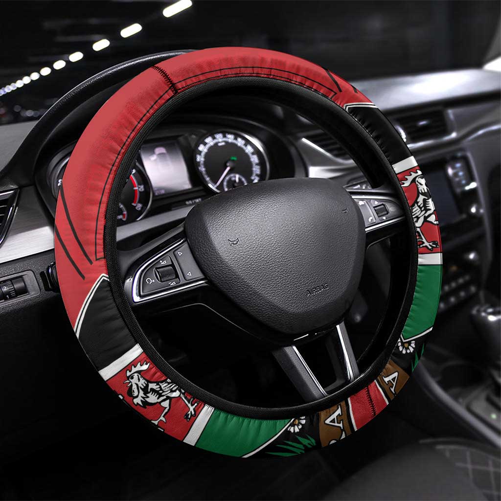 Kenya Steering Wheel Cover Coat Of Arms With Kente Patterns