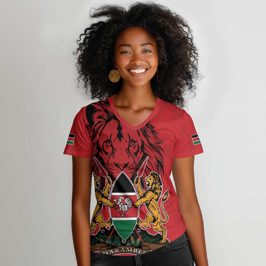 Kenya Women V-Neck T-Shirt Coat Of Arms With Kente Patterns