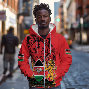 Kenya Zip Hoodie Coat Of Arms With Kente Patterns