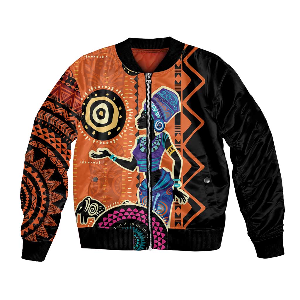 African Woman In Ethnic Dress Bomber Jacket Ethnic Geometric Patterns