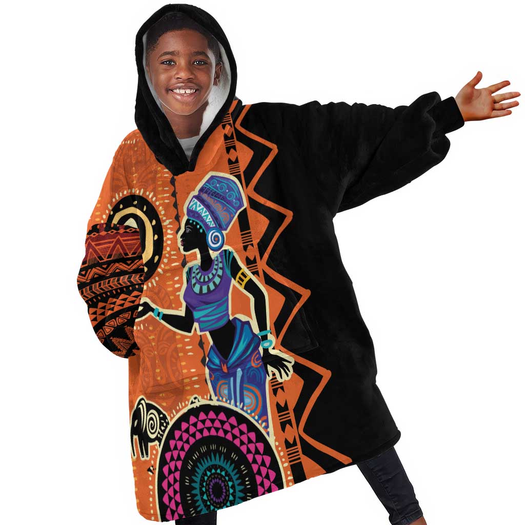 African Woman In Ethnic Dress KId Wearable Blanket Hoodie Ethnic Geometric Patterns