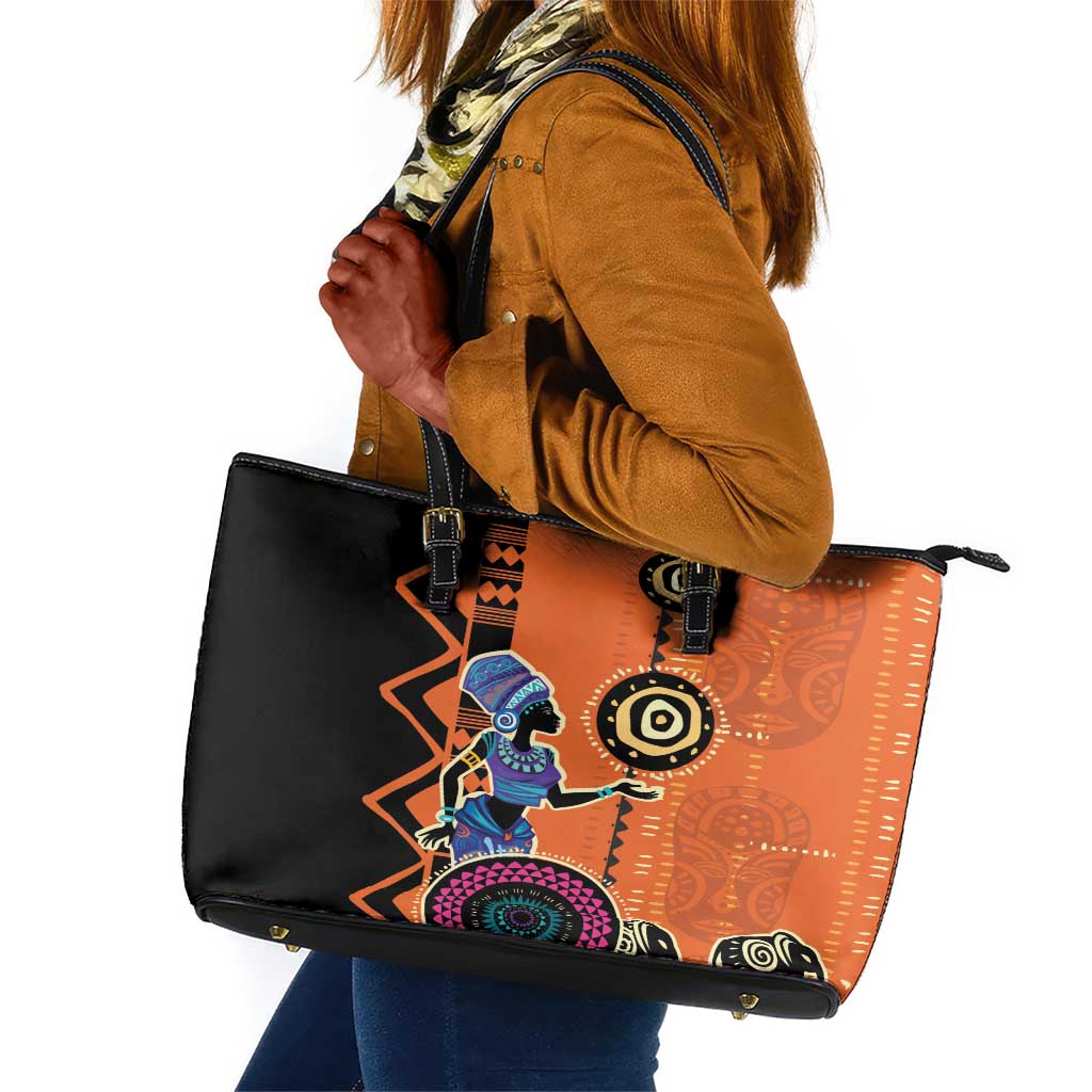 African Woman In Ethnic Dress Leather Tote Bag Ethnic Geometric Patterns