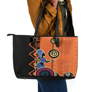 African Woman In Ethnic Dress Leather Tote Bag Ethnic Geometric Patterns