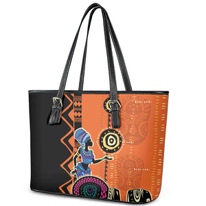 African Woman In Ethnic Dress Leather Tote Bag Ethnic Geometric Patterns