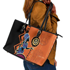 African Woman In Ethnic Dress Leather Tote Bag Ethnic Geometric Patterns