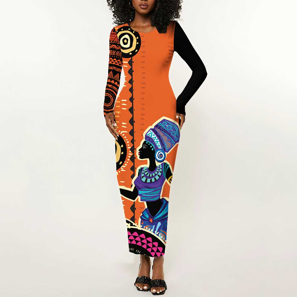 African Woman In Ethnic Dress Long Sleeve Bodycon Dress Ethnic Geometric Patterns