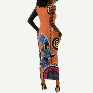 African Woman In Ethnic Dress Long Sleeve Bodycon Dress Ethnic Geometric Patterns