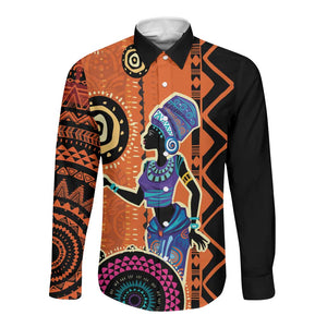 African Woman In Ethnic Dress Long Sleeve Button Shirt Ethnic Geometric Patterns