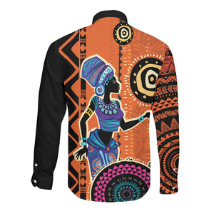 African Woman In Ethnic Dress Long Sleeve Button Shirt Ethnic Geometric Patterns