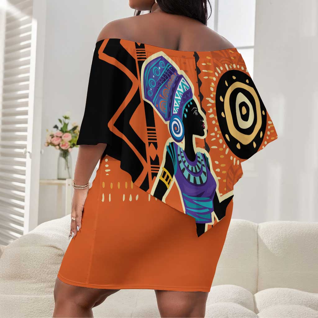 African Woman In Ethnic Dress Off Shoulder Short Dress Ethnic Geometric Patterns LT18