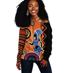 African Woman In Ethnic Dress Off Shoulder Sweater Ethnic Geometric Patterns